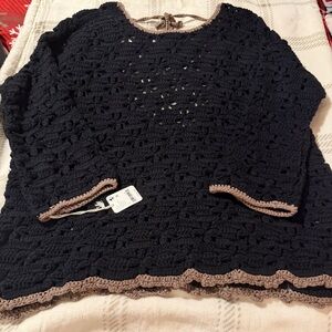 Free People Black Crochet Sweater with Tan Trim